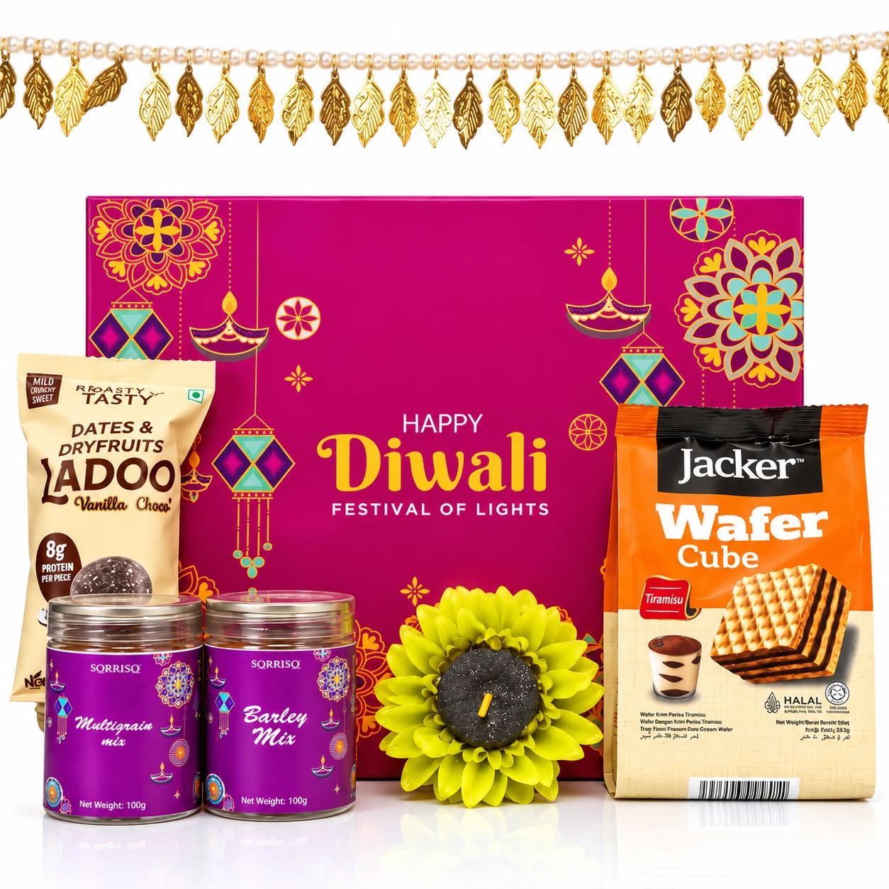 Festive Happy Diwali Gourmet Gift Box with Decorative Flower Diya & Leaf Toran (Jacker Wafer Cubes, Dates Ladoo, Sorriso Multigrain & Barley Mix) - Luxury Festive & Corporate Gifting Hamper 1 Festive Happy Diwali Gourmet Gift Box with Decorative Flower Diya & Leaf Toran (Jacker Wafer Cubes, Dates Ladoo, Sorriso Multigrain & Barley Mix) - Luxury Festive & Corporate Gifting Hamper